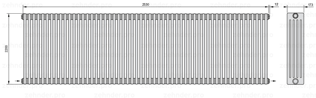 Схема (чертеж) Радиатор Zehnder Charleston 5220/55 №2670 Белый глянцевый RAL 9016